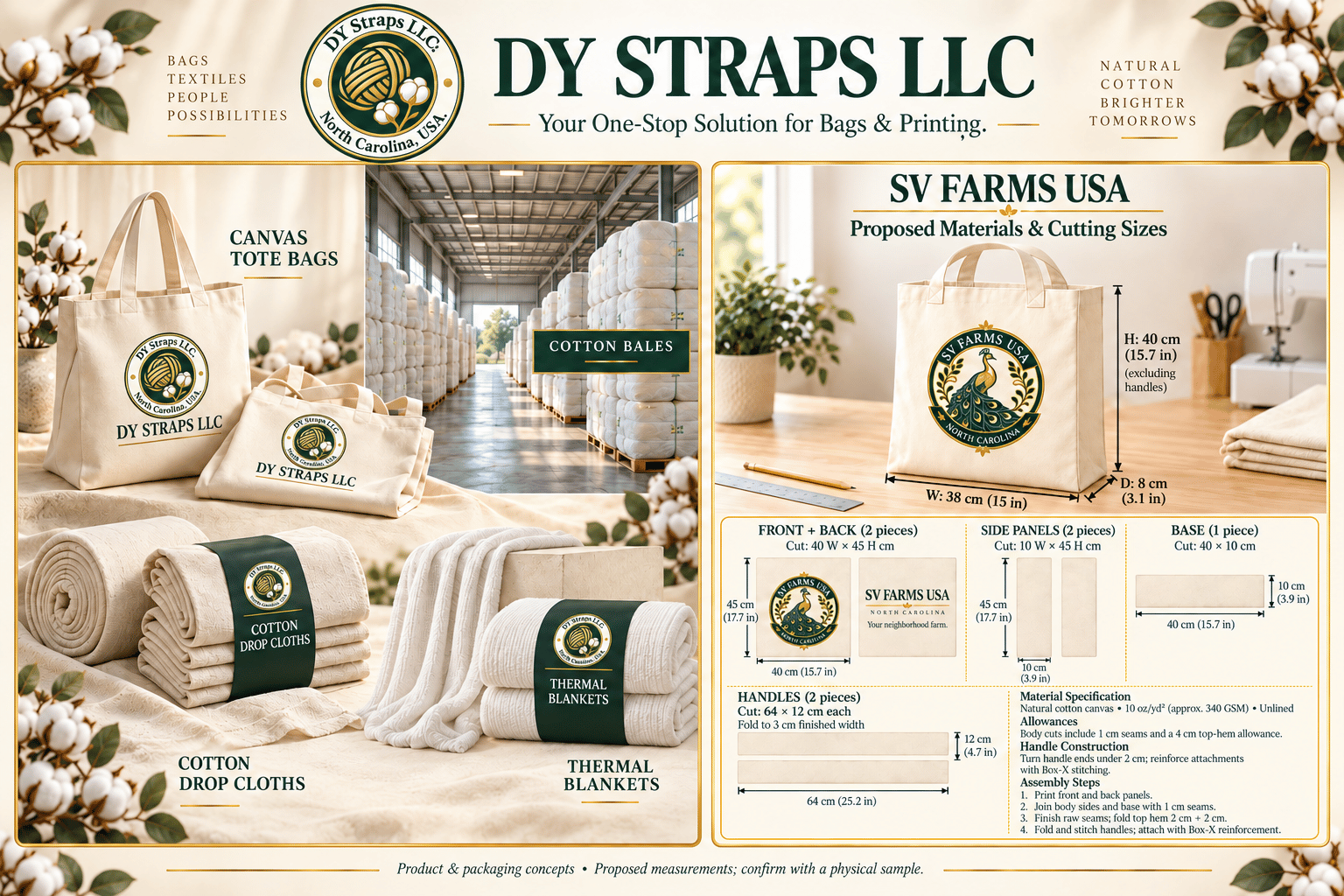 Supplied DY Straps LLC concept artwork showing canvas tote bags, cotton drop cloths, thermal blankets and a proposed cutting-size sheet