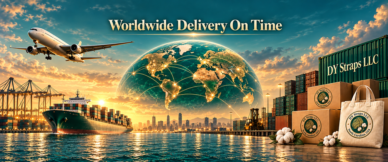 DY Straps LLC delivery illustration — Worldwide Delivery On Time. A freighter aircraft, a container ship at port and a routed globe behind DY Straps cartons and a printed cotton tote ready for dispatch.