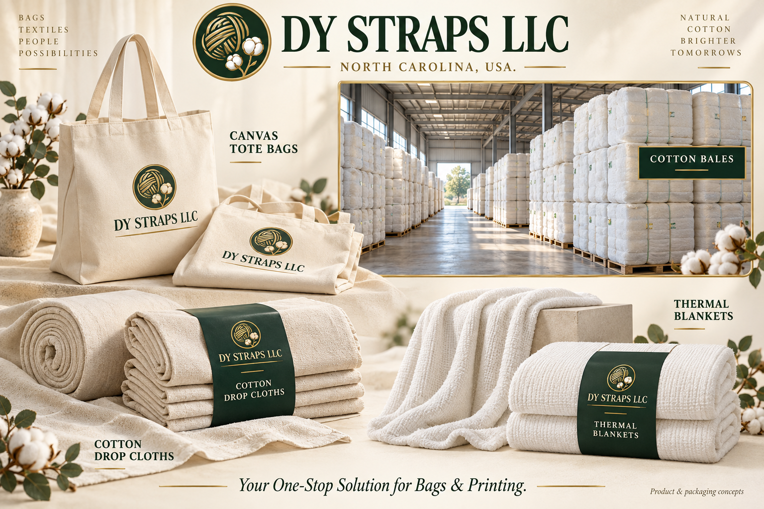DY Straps LLC product range: canvas tote bags printed with the company mark, cotton drop cloths, thermal blankets and a warehouse of cotton bales