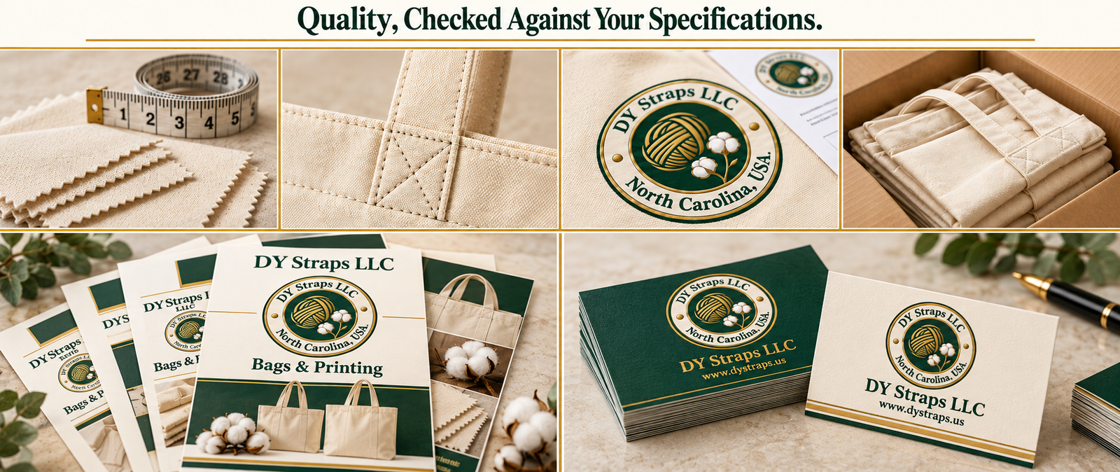 DY Straps LLC quality board — Quality, Checked Against Your Specifications. Six photographs: fabric swatches with a tape measure, box-X stitching at a handle attachment, a printed logo checked against an approved proof, folded bags packed in a carton, printed flyers, and a stack of business cards.