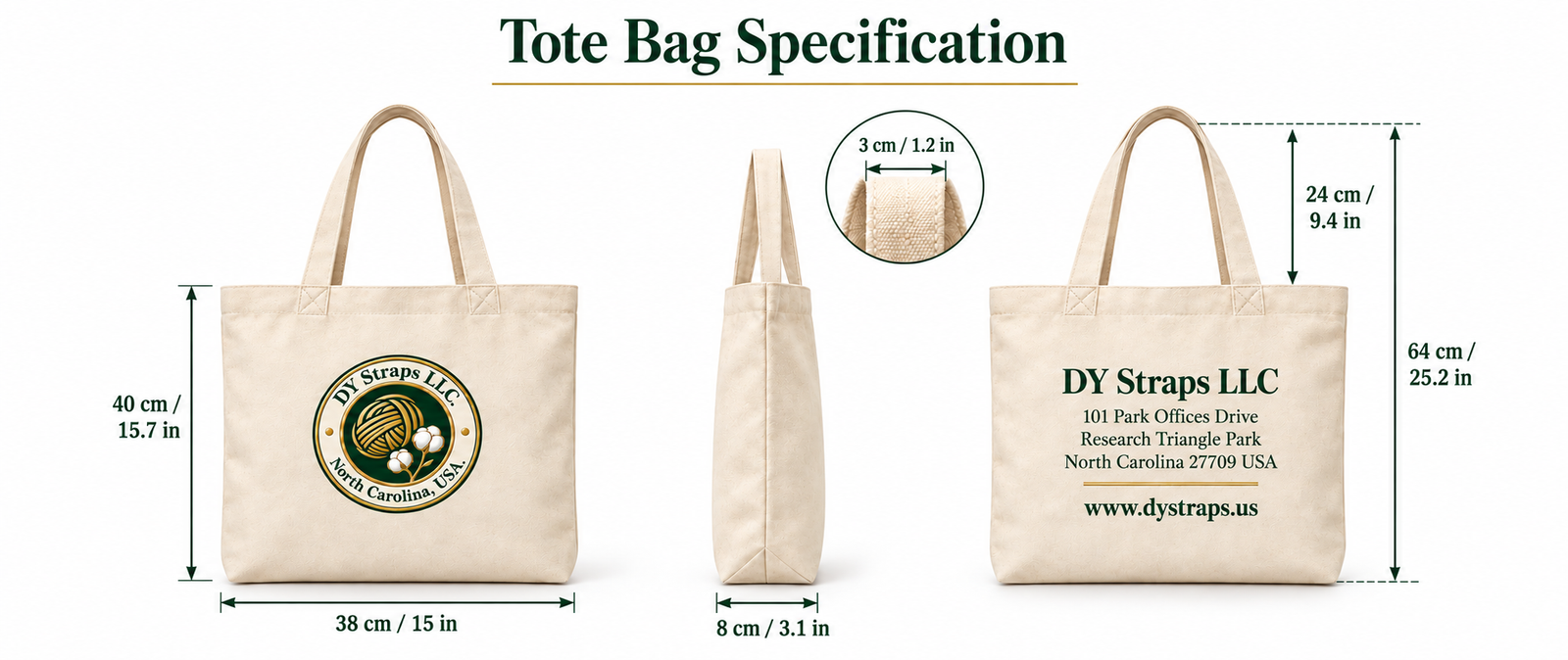 Tote Bag Specification drawing: front elevation with the circular company mark, side profile showing the 8 cm gusset, and reverse elevation printed with the company name, address and website. Annotated 38 cm / 15 in width, 40 cm / 15.7 in height excluding handles, 8 cm / 3.1 in depth, 3 cm / 1.2 in handle width, 24 cm / 9.4 in handle drop and 64 cm / 25.2 in total handle length.